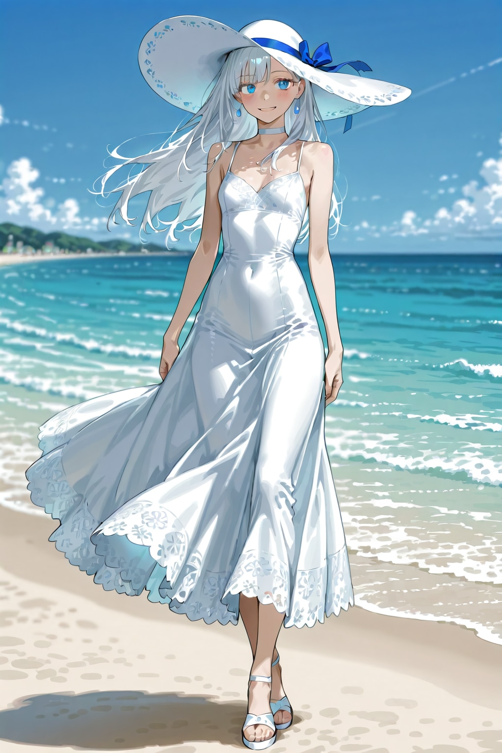 渚を散歩する女性