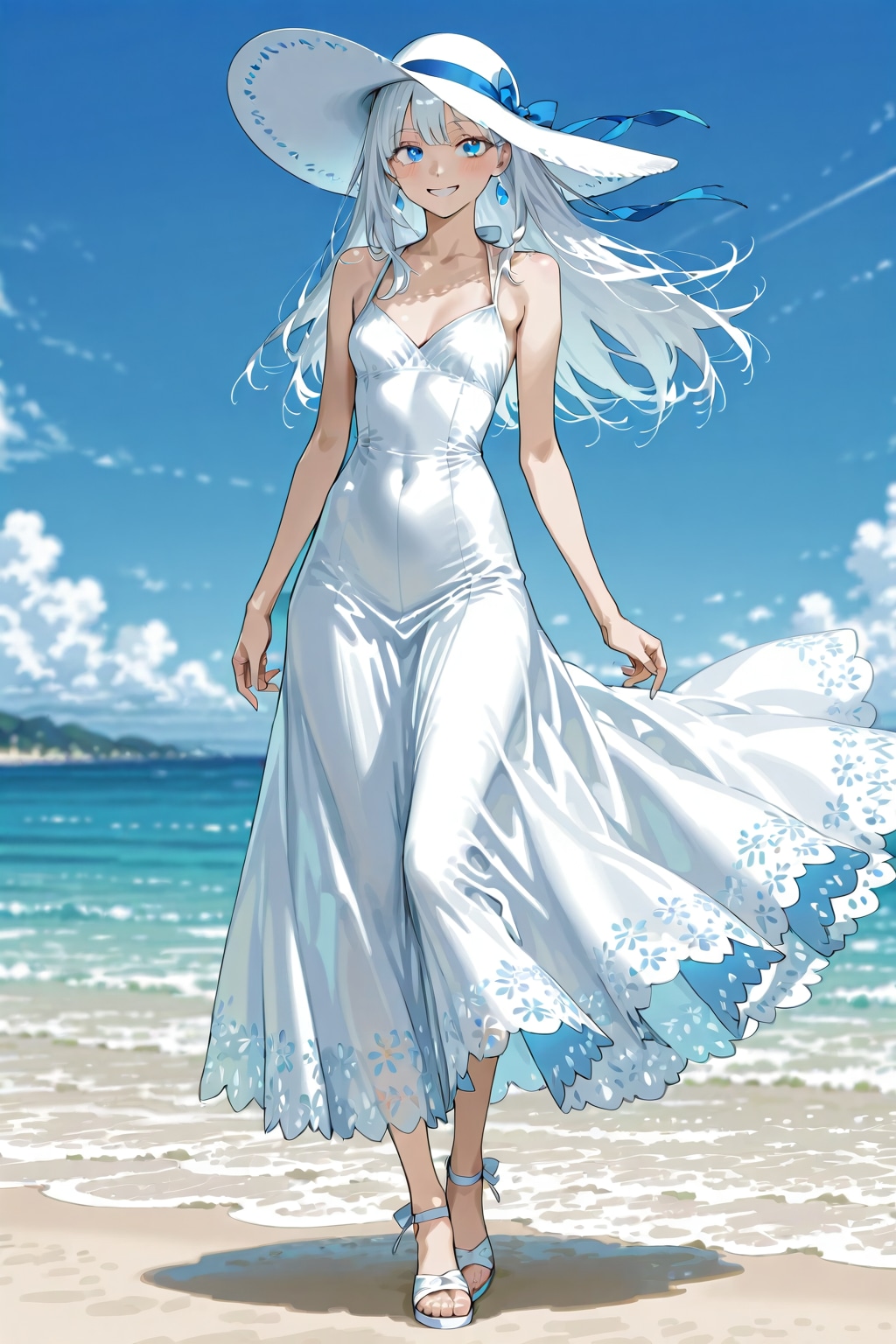 渚を散歩する女性