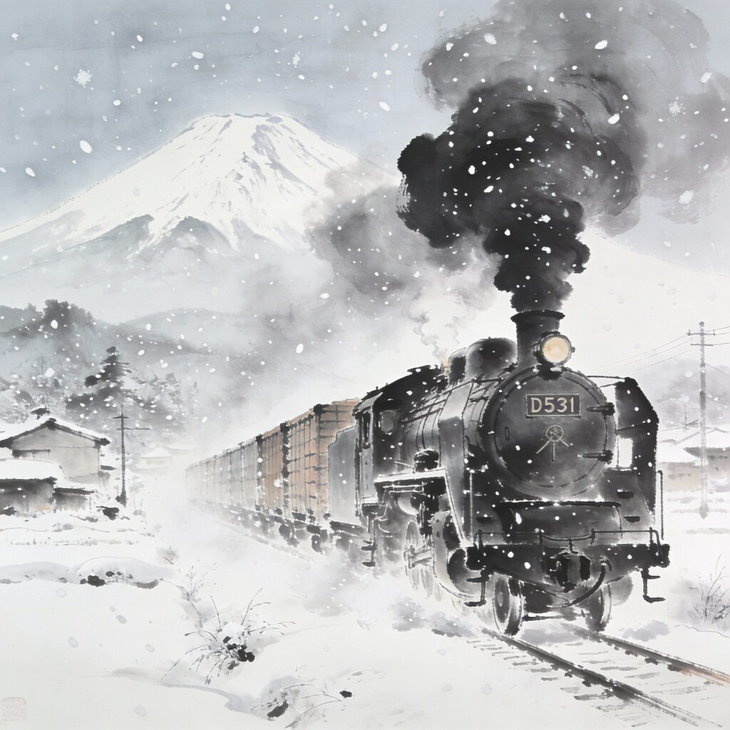 冬富士（D53蒸気機関車）