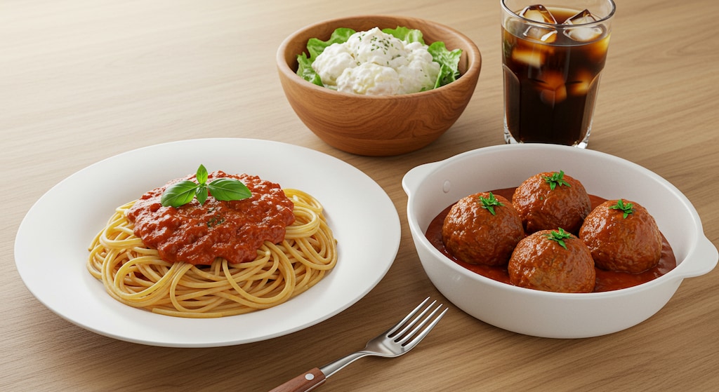 摩訶不思議食堂のポテトサラダと肉団子とトマトソースパスタのセット