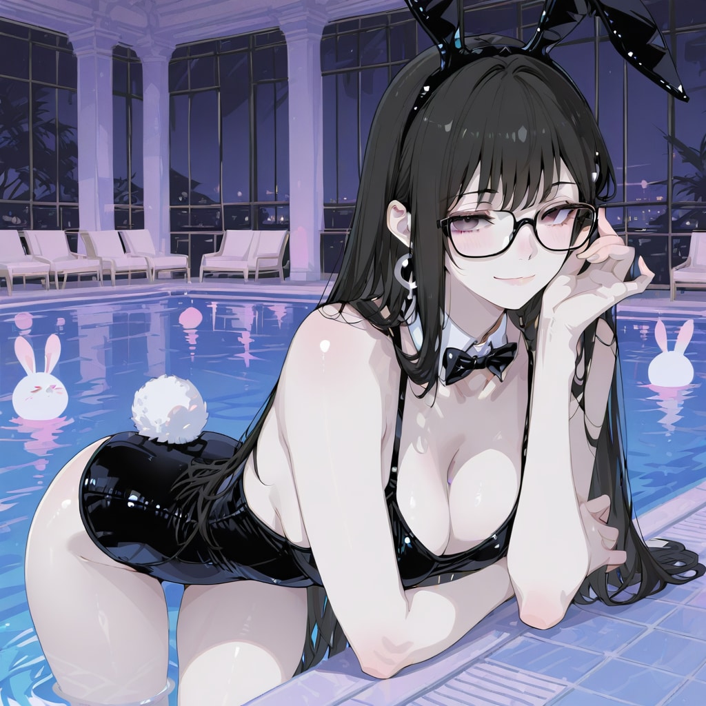 黒髪メガネ　スク水バニーガール