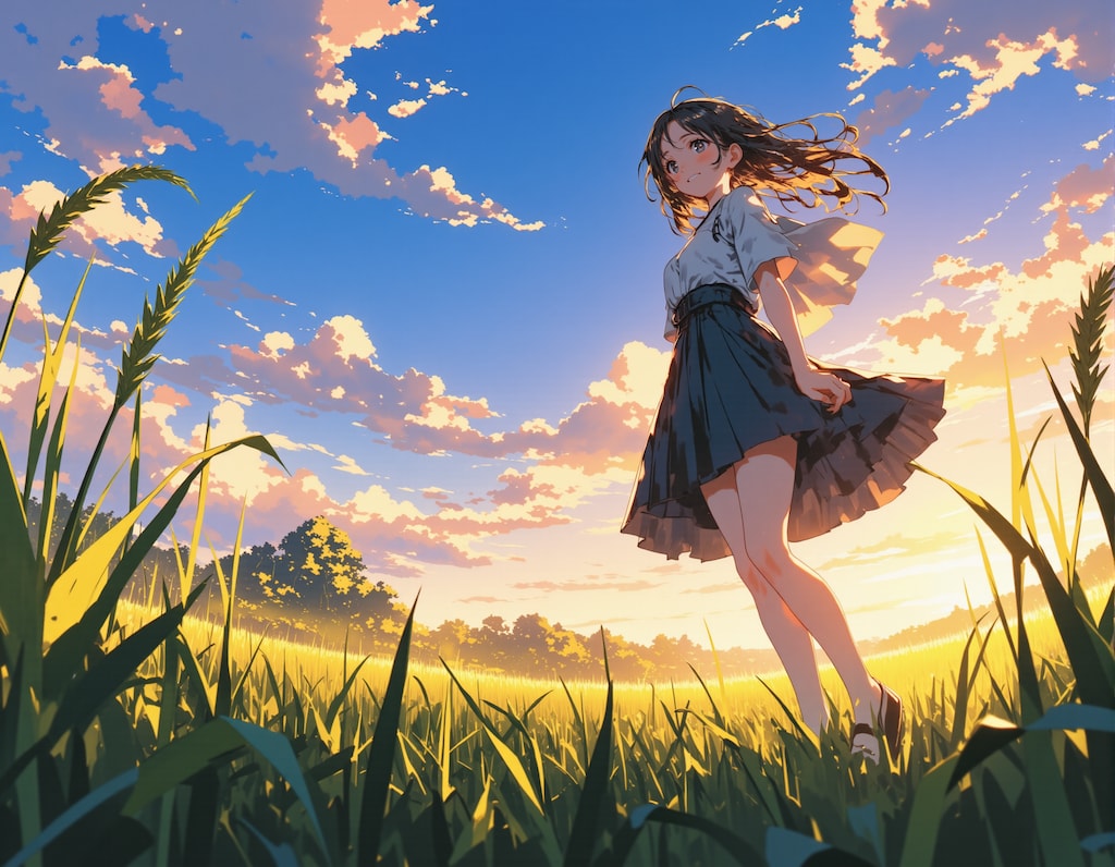 田舎の夕暮れと女の子