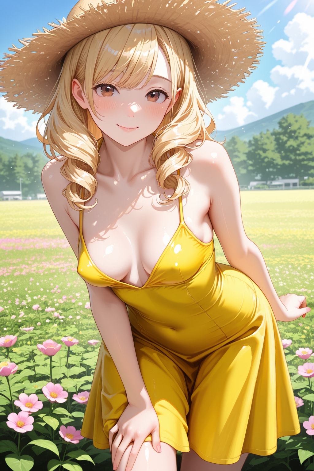 麦わら帽子と黄色いキャミソールワンピース