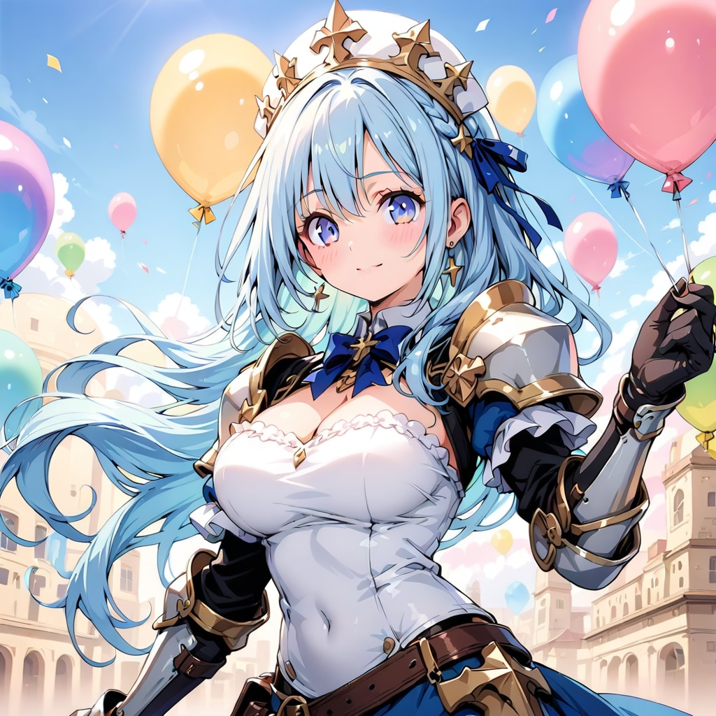 いっぱい色とりどりの風船を持つ青い髪ロングの騎士の美女 | の人気AIイラスト・グラビア