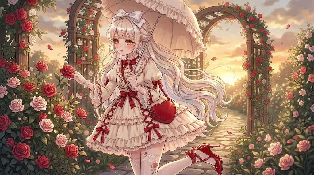 薔薇園に佇む緋色嘆息の令嬢