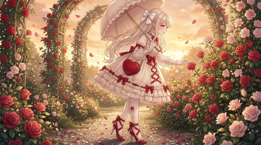 薔薇園に佇む緋色嘆息の令嬢