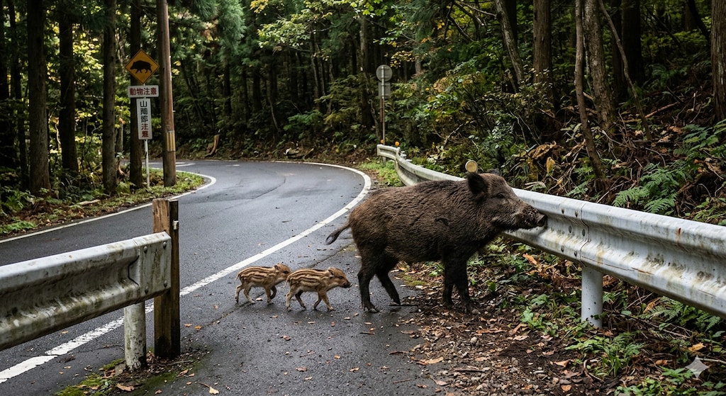 ガードレールにぶつかるイノシシ