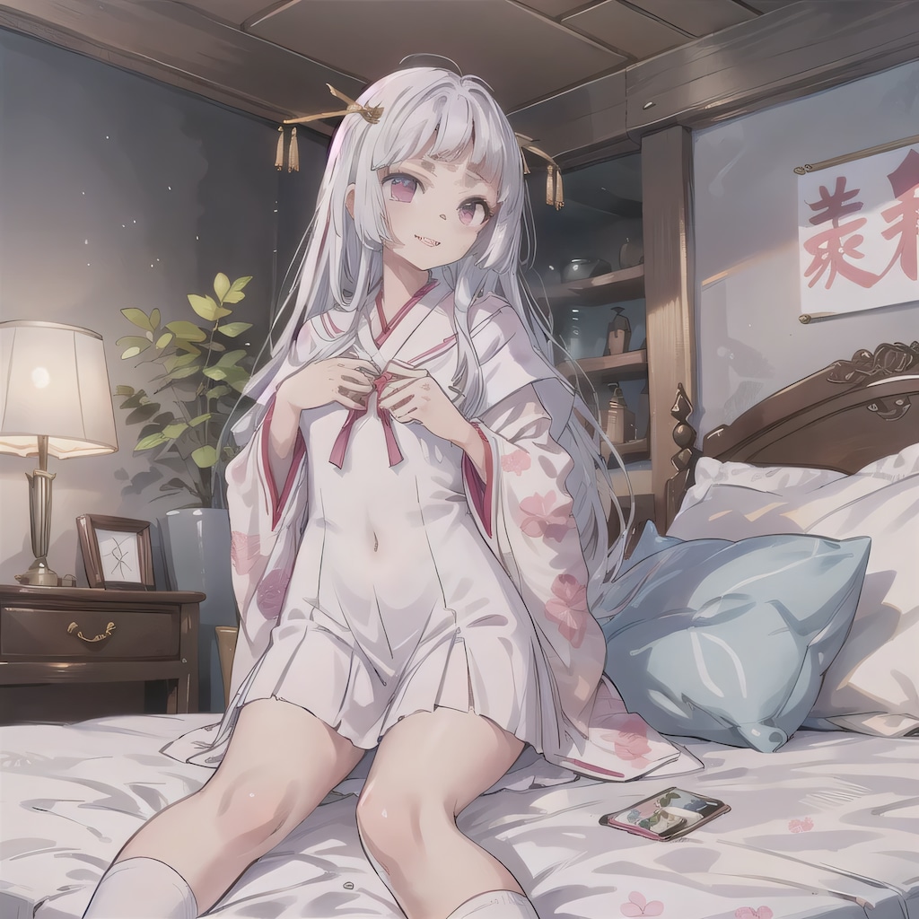 白髪ロングで寝室の少女