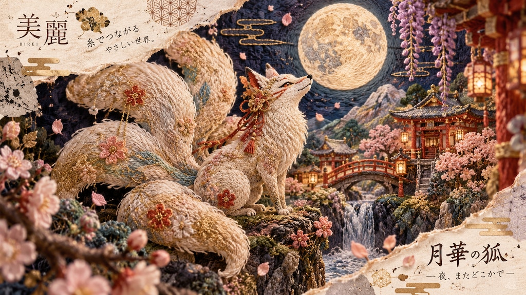 The nine-tailed fox of moonlit flowers, watching over a shrine where cherry blossoms drift into the