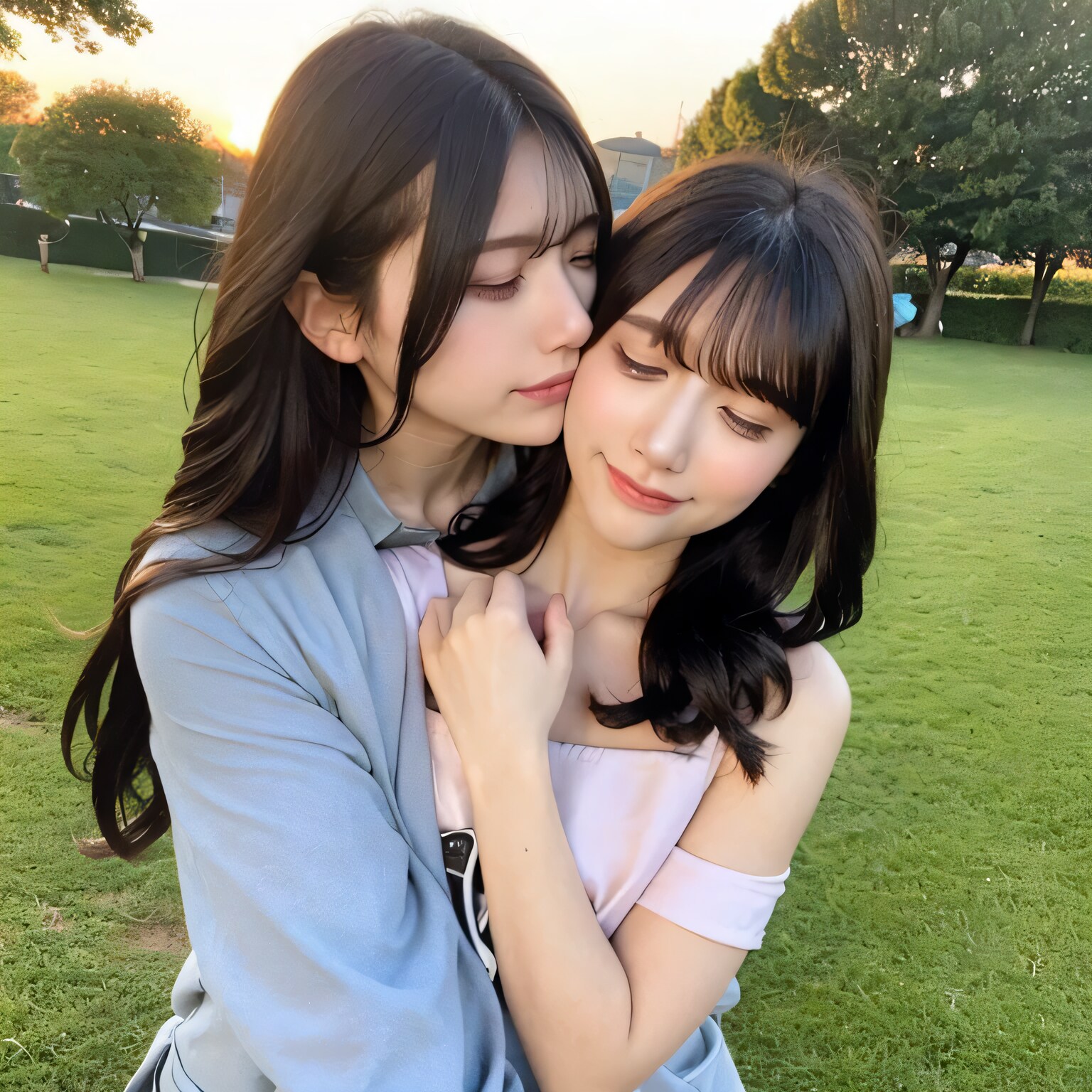 黒髪ロングで公園の美女と美女 | の人気AIイラスト・グラビア