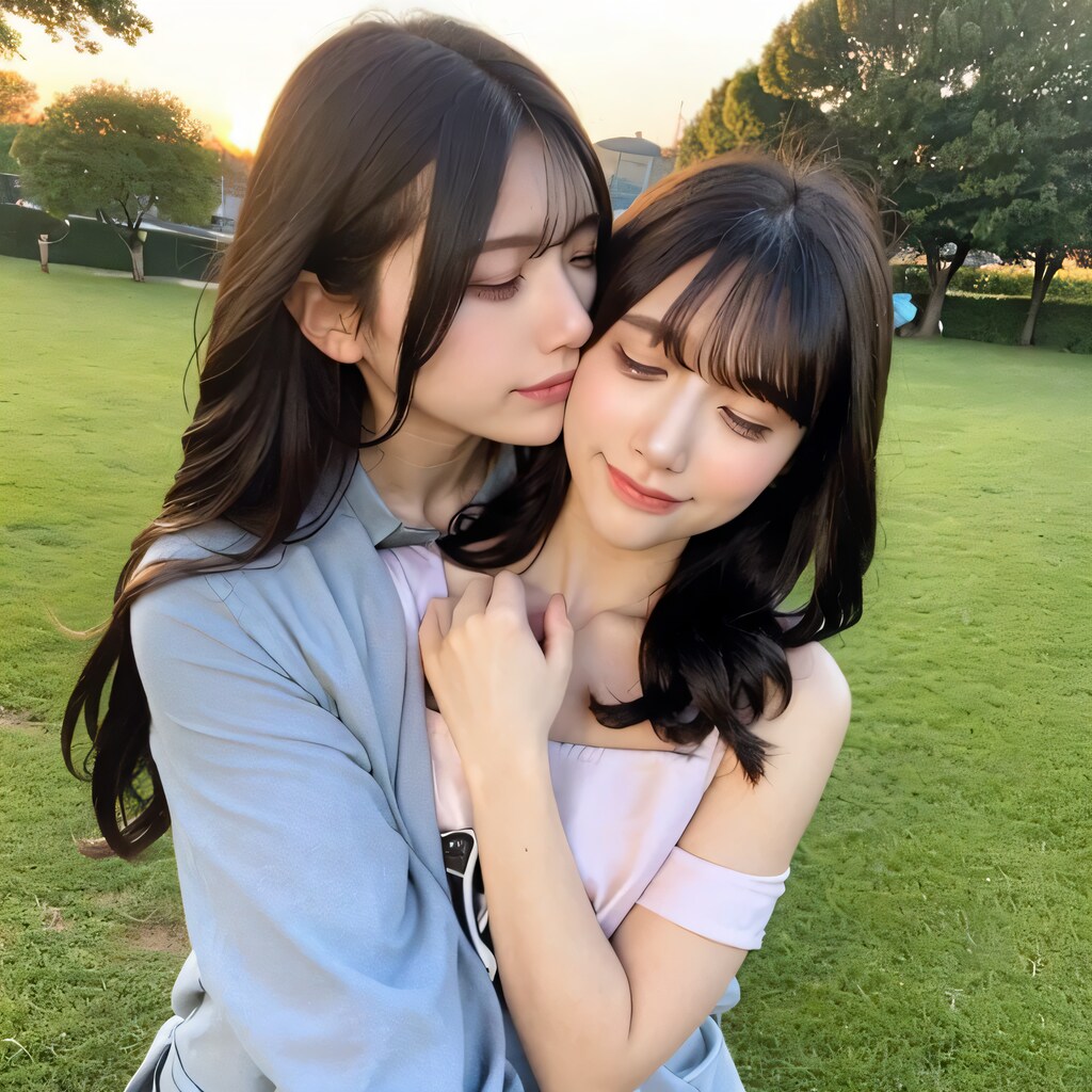 黒髪ロングで公園の美女と美女