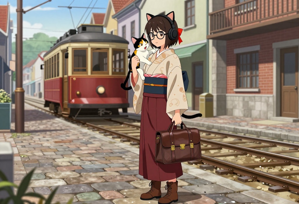 大正浪漫風女学生と猫