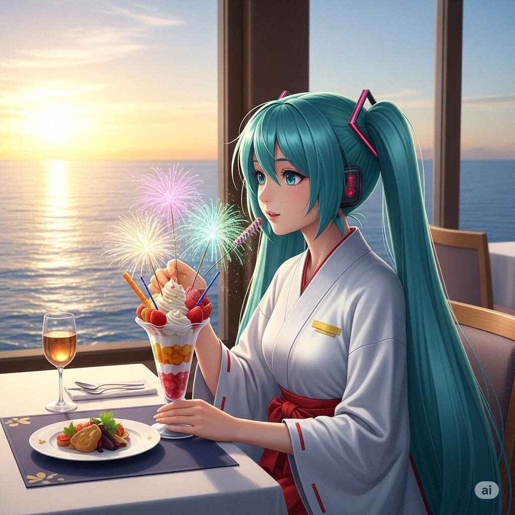 花火パフェと巫女さん