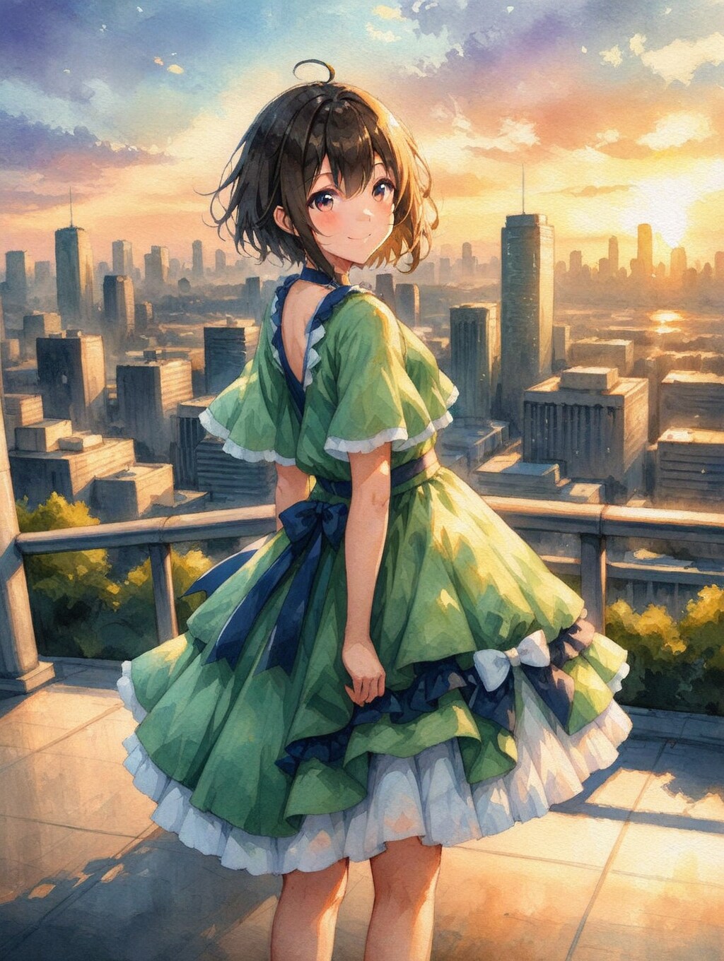 都会の夕暮れに微笑む君 | の人気AIイラスト・グラビア