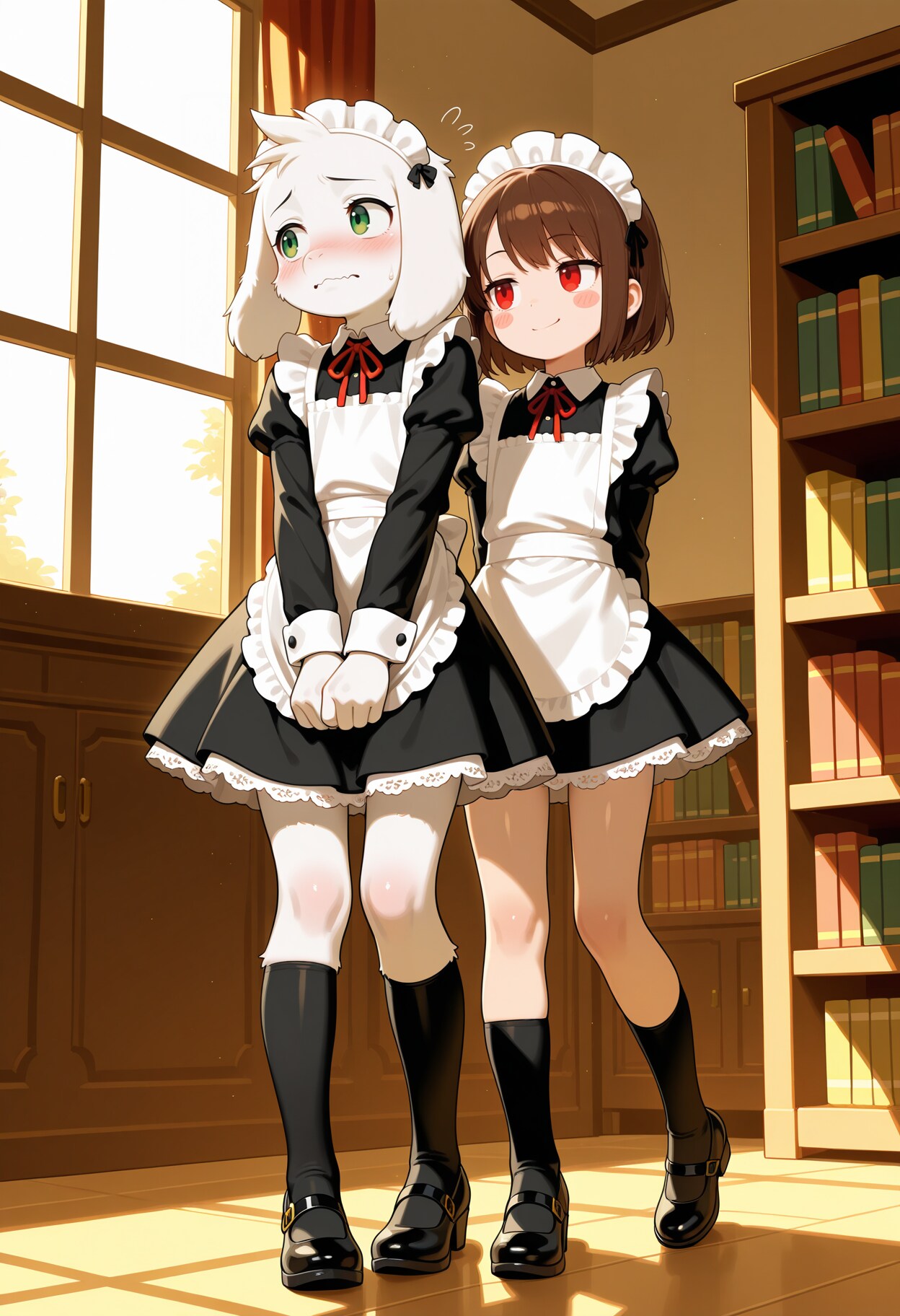 一緒にメイド服を着るアズリエルくんとキャラちゃん | の人気AIイラスト・グラビア