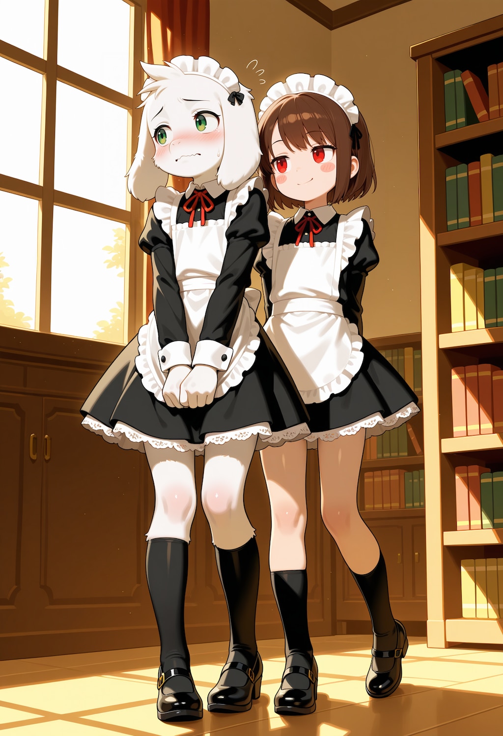 一緒にメイド服を着るアズリエルくんとキャラちゃん