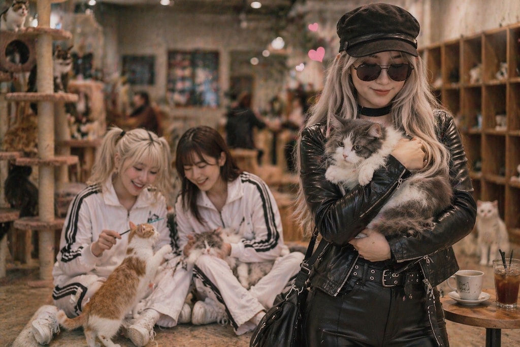 猫カフェで遊ぶ2人