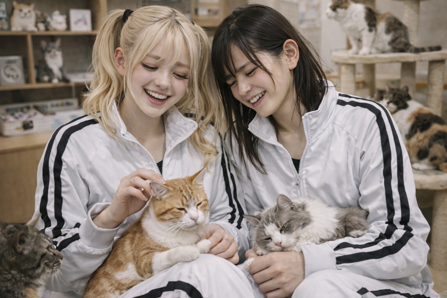猫カフェで遊ぶ2人 | の人気AIイラスト・グラビア