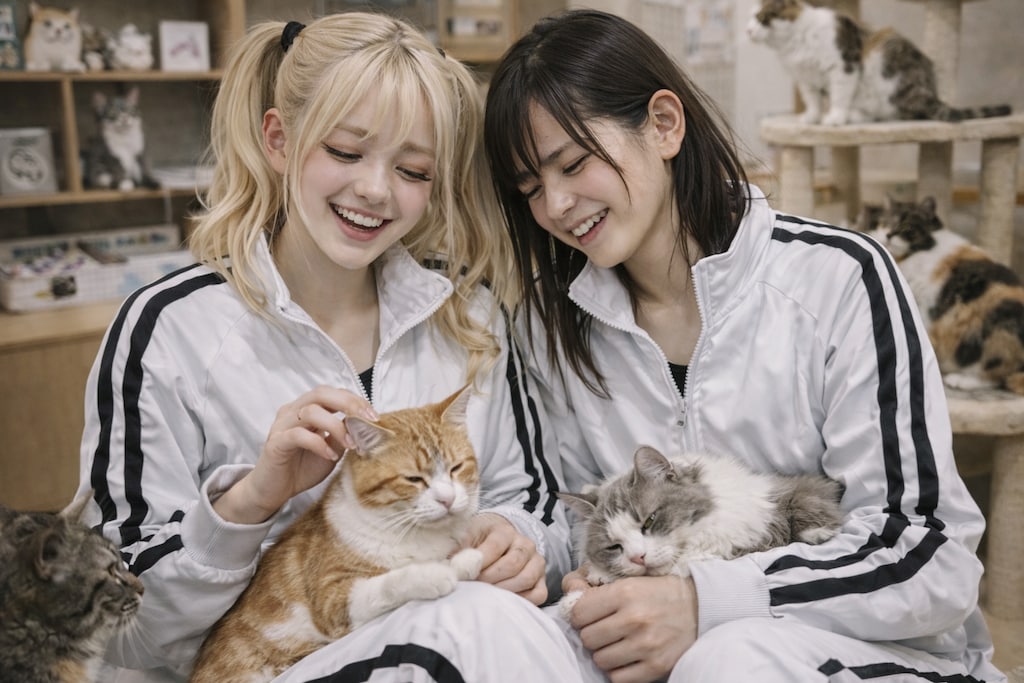 猫カフェで遊ぶ2人