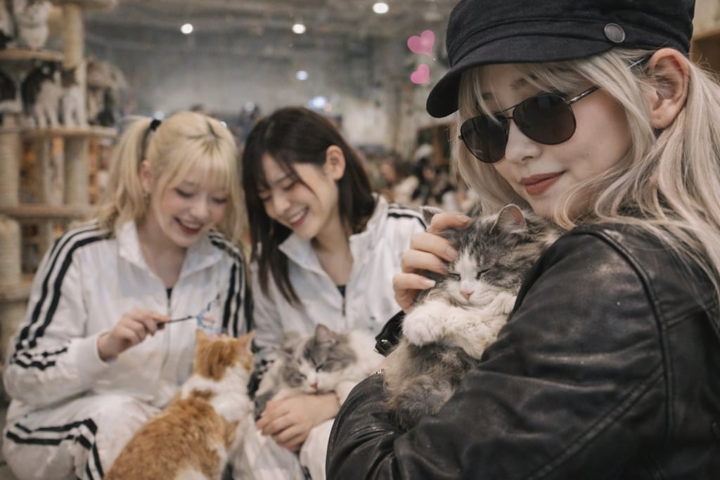 猫カフェで遊ぶ2人
