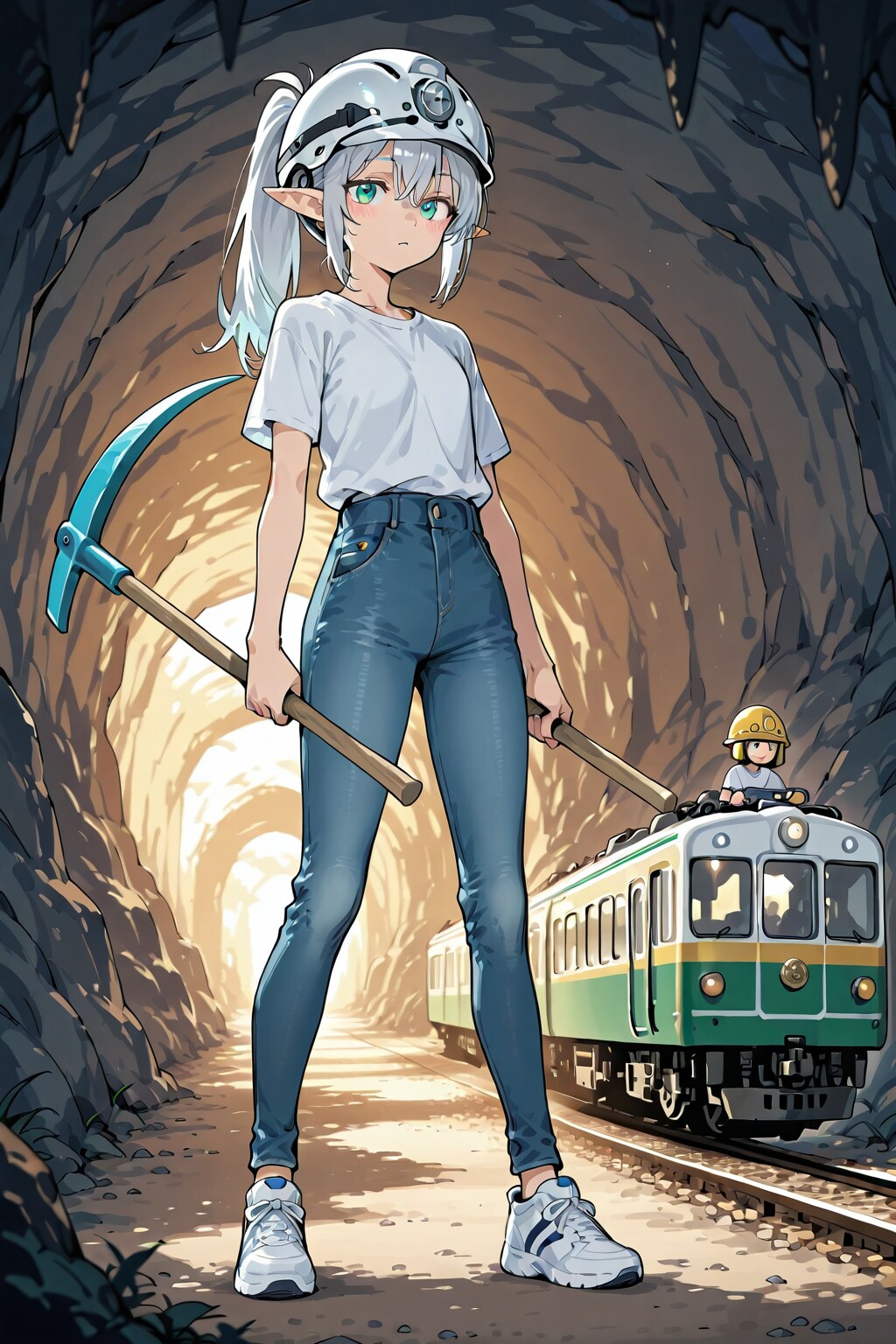 鉱洞内にて、銀髪エルフの女の子 | の人気AIイラスト・グラビア