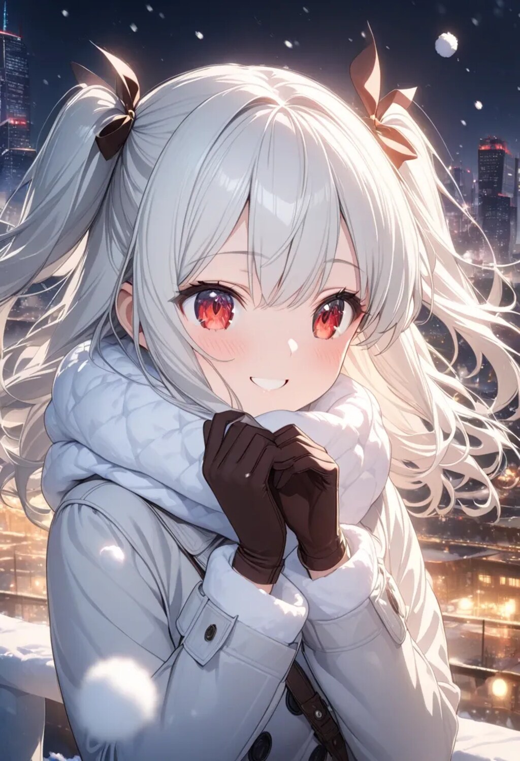 寒そうな夜の銀髪の美少女