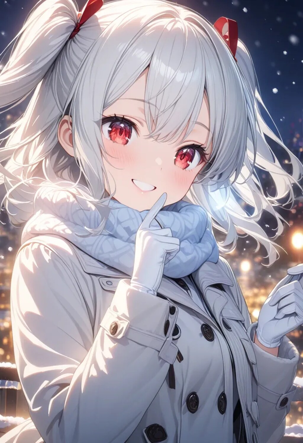 寒そうな夜の銀髪の美少女