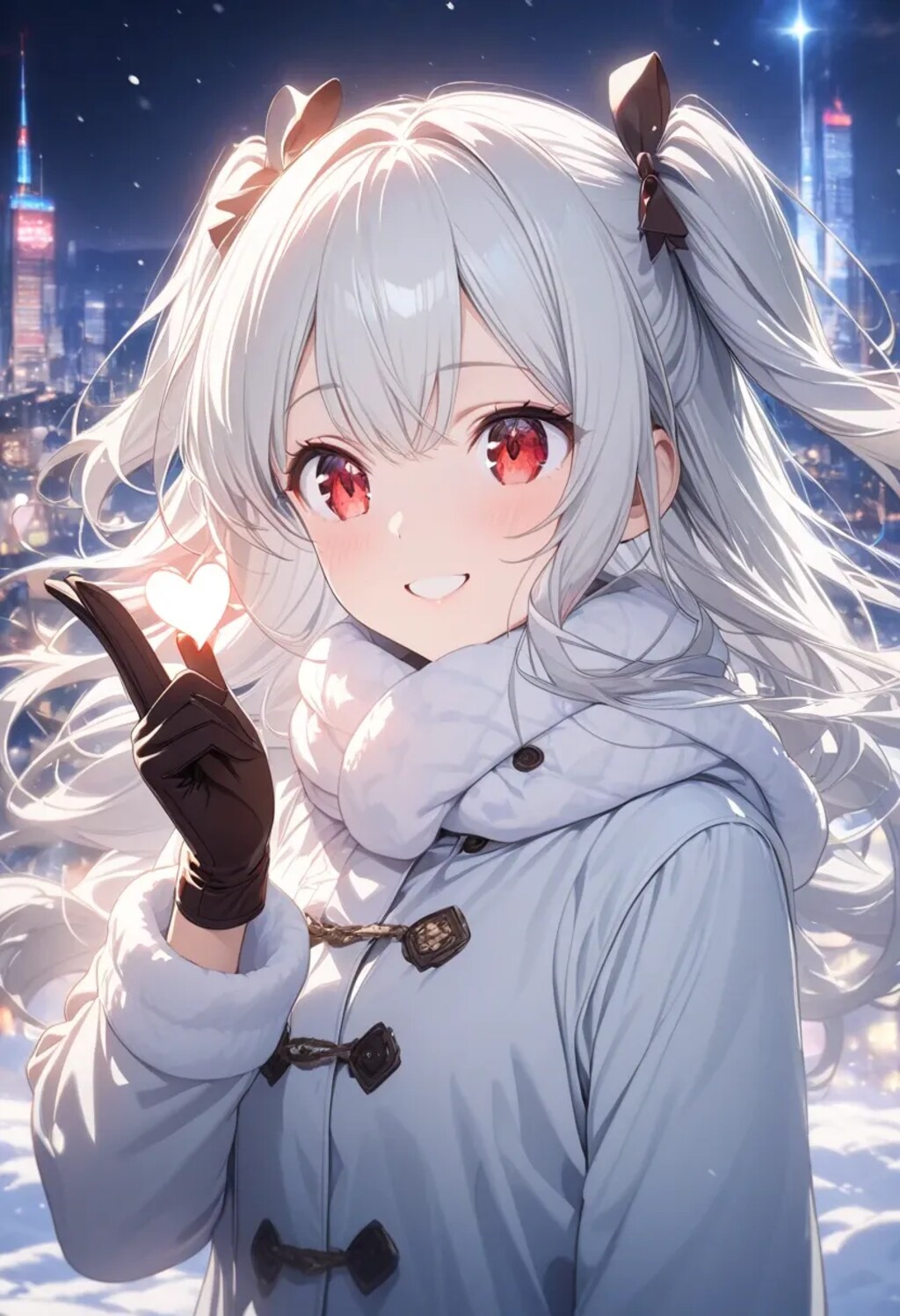 寒そうな夜の銀髪の美少女