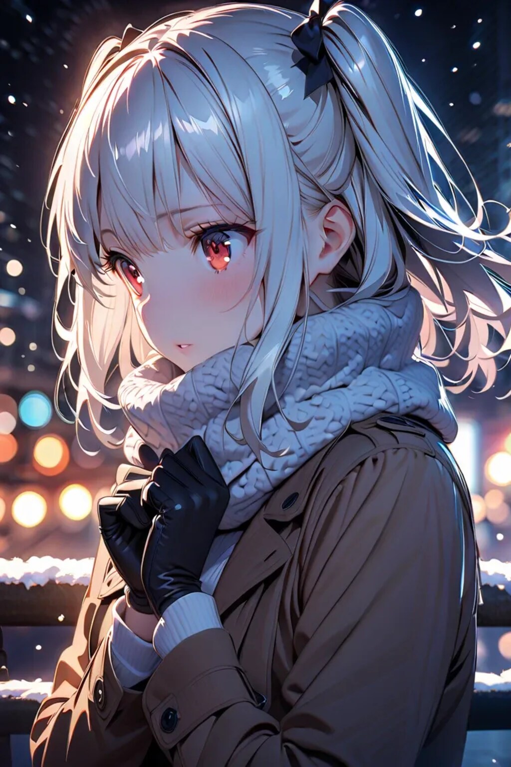 寒そうな夜の銀髪の美少女