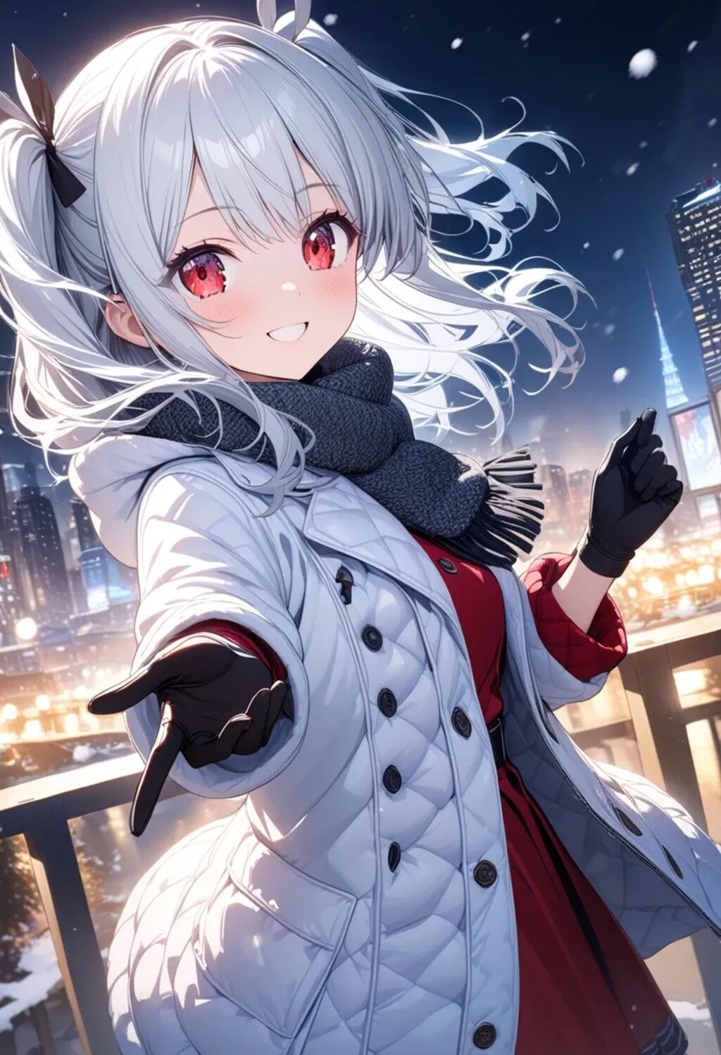 寒そうな夜の銀髪の美少女