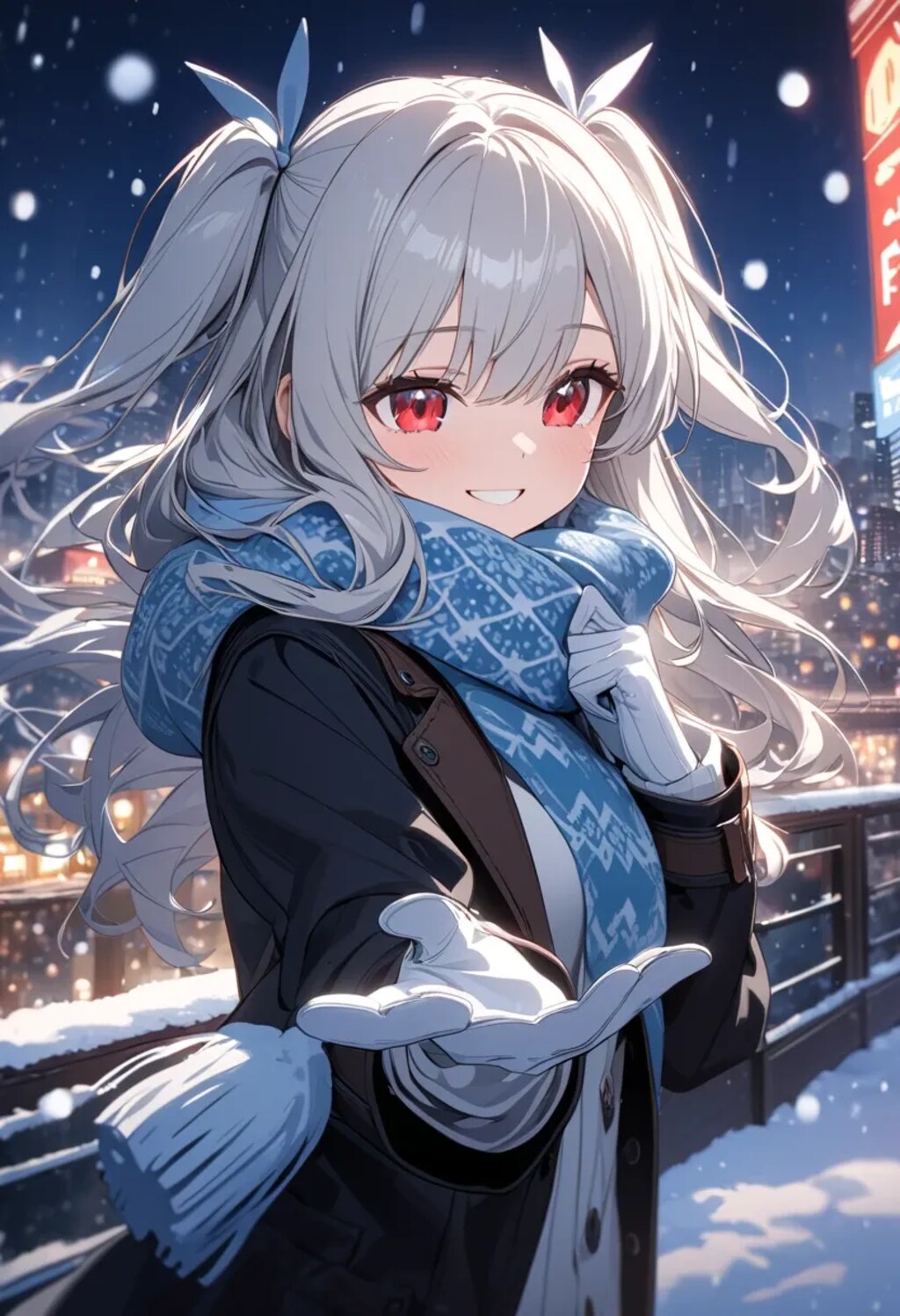 寒そうな夜の銀髪の美少女