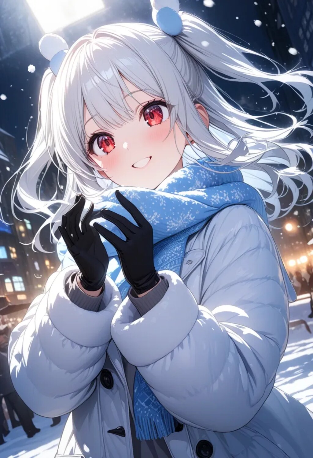 寒そうな夜の銀髪の美少女