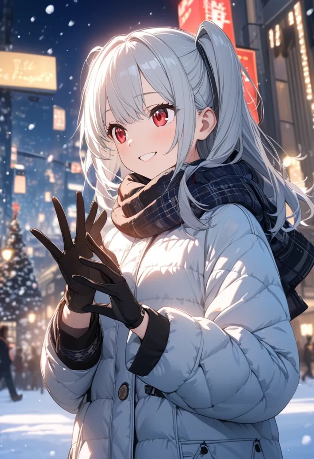 寒そうな夜の銀髪の美少女
