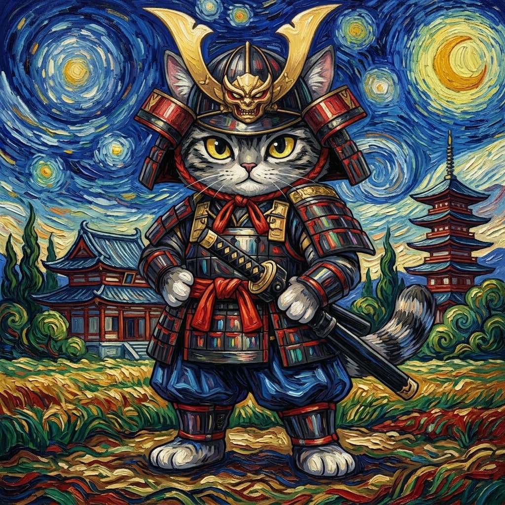 ゴッホスタイルの猫侍 | の人気AIイラスト・グラビア