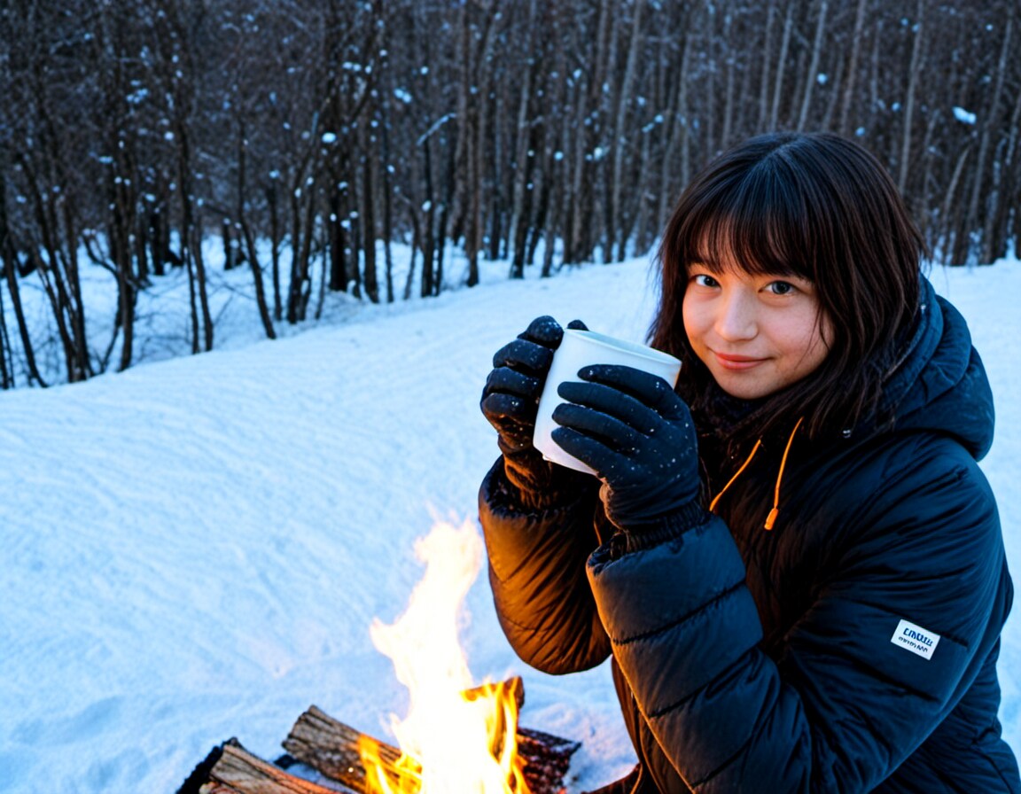 雪山でコーヒーを飲む少女_8