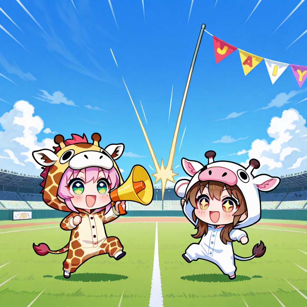 野球の球音を楽しむキリン着ぐるみちび子ちゃん