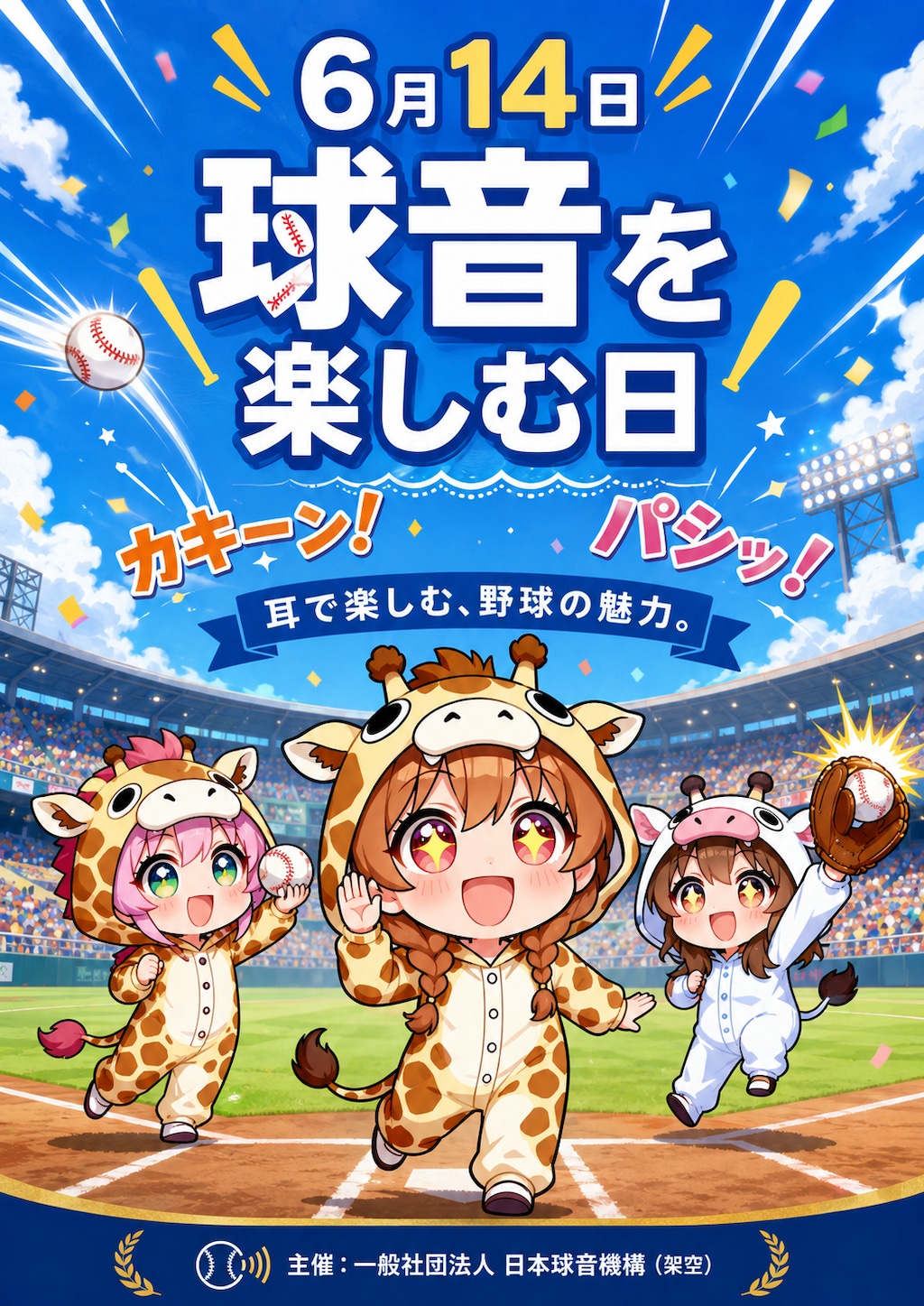 野球の球音を楽しむキリン着ぐるみちび子ちゃん