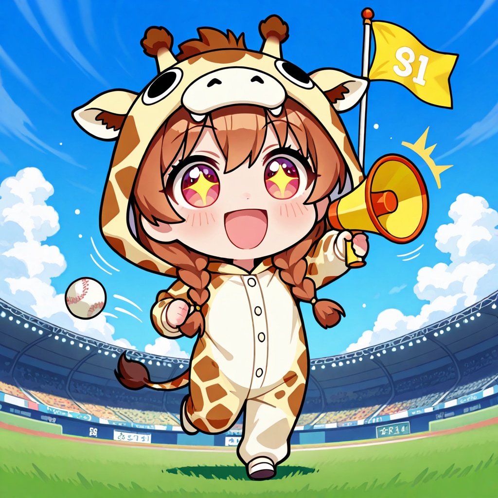 野球の球音を楽しむキリン着ぐるみちび子ちゃん