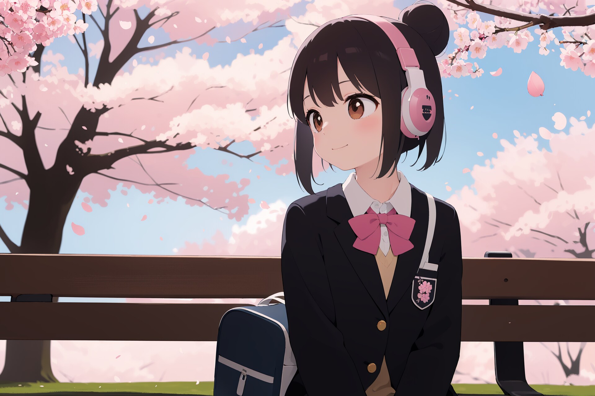 桜とヘッドフォン少女