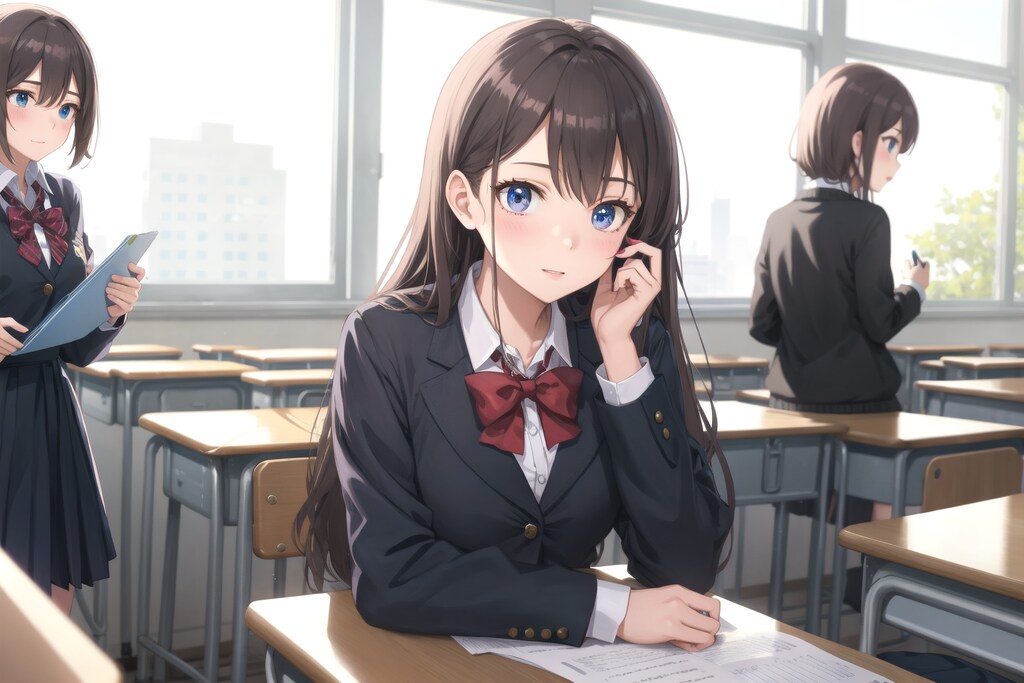 放課後の教室で、友と語らう女子高生。