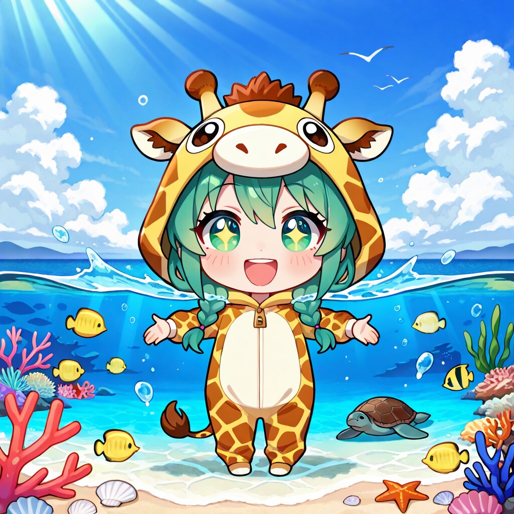 海で遊ぶキリン着ぐるみちび子ちゃん