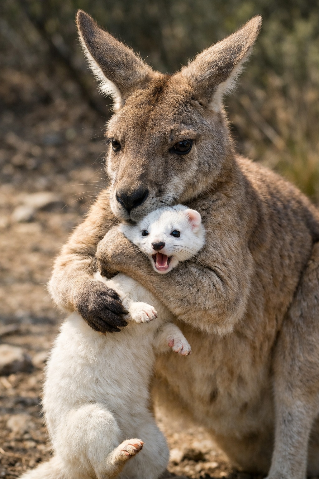 カンガルーにヘッドロックされているオコジョ