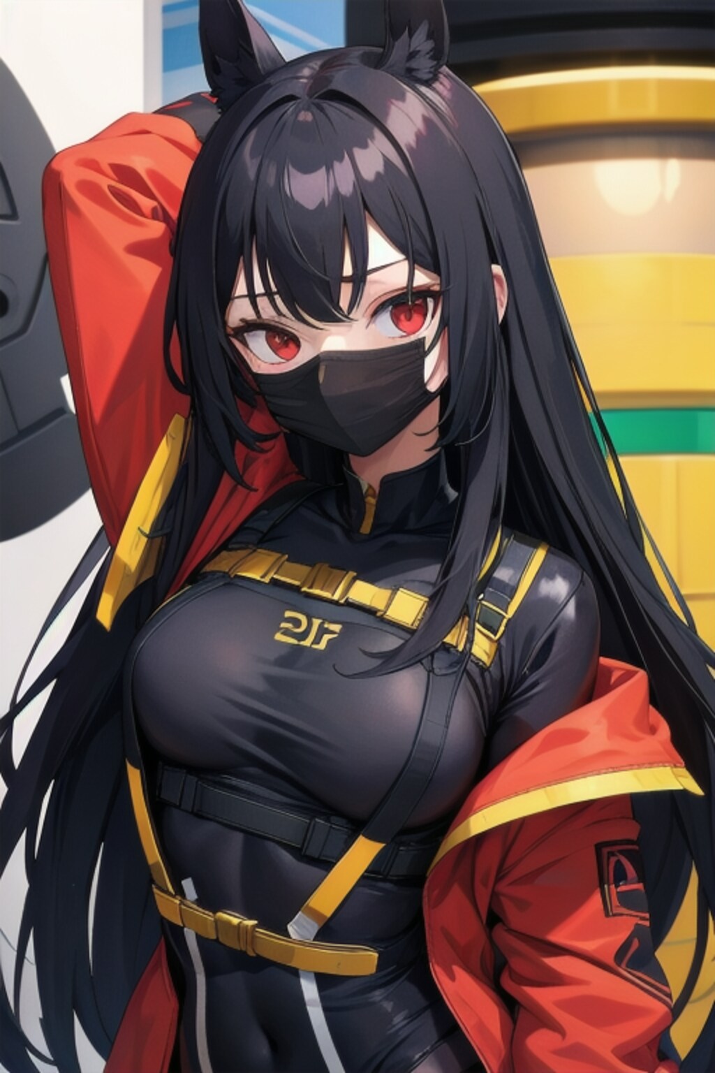黒マスク黒髪ロング美女