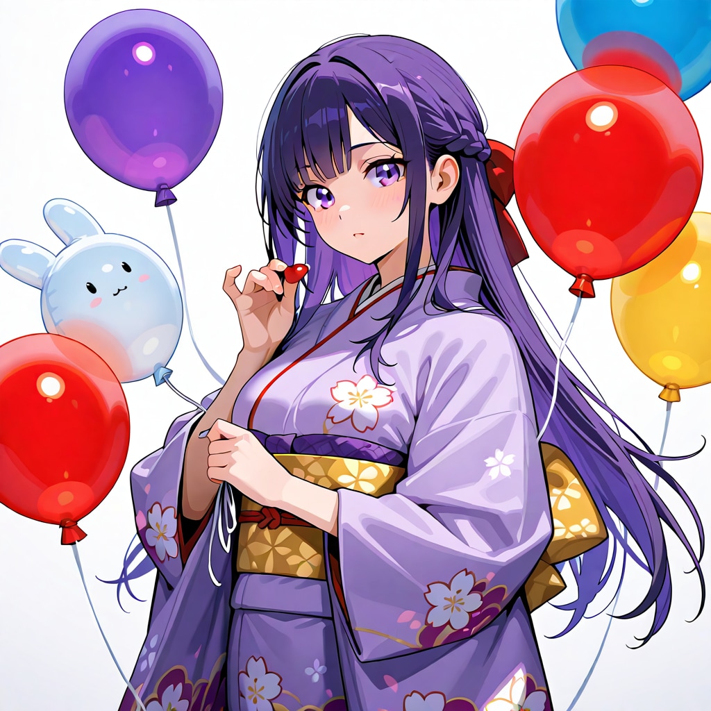 いっぱい色とりどりの風船を持つ紫髪ロングの着物着た美女 | の人気AIイラスト・グラビア
