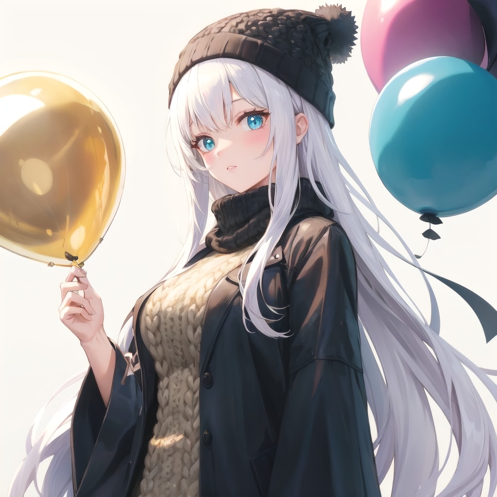 いっぱい風船を持つ白い髪ロングのニット帽付けた美女。 | の人気AIイラスト・グラビア