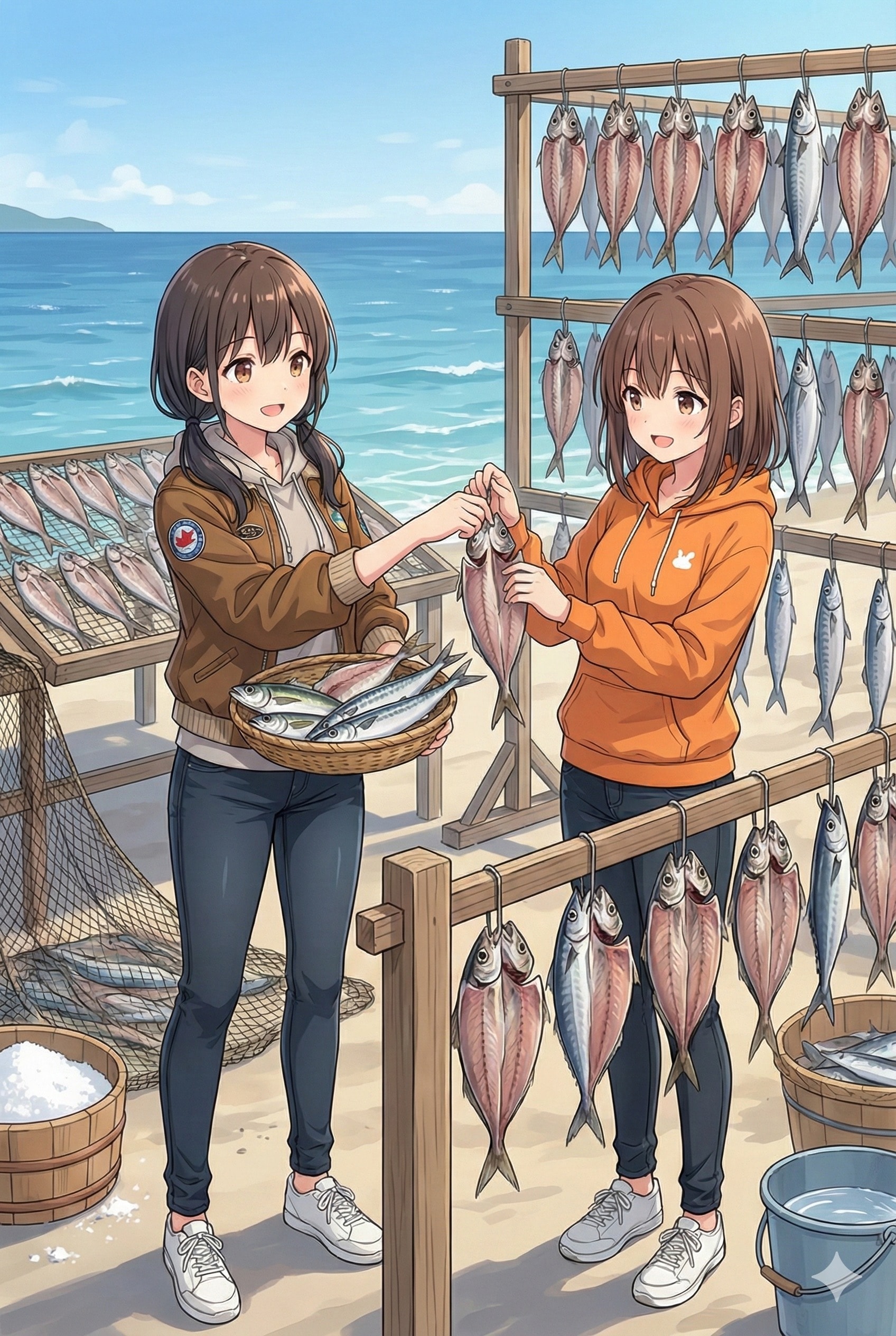魚の干物を干すうちの子達 | の人気AIイラスト・グラビア