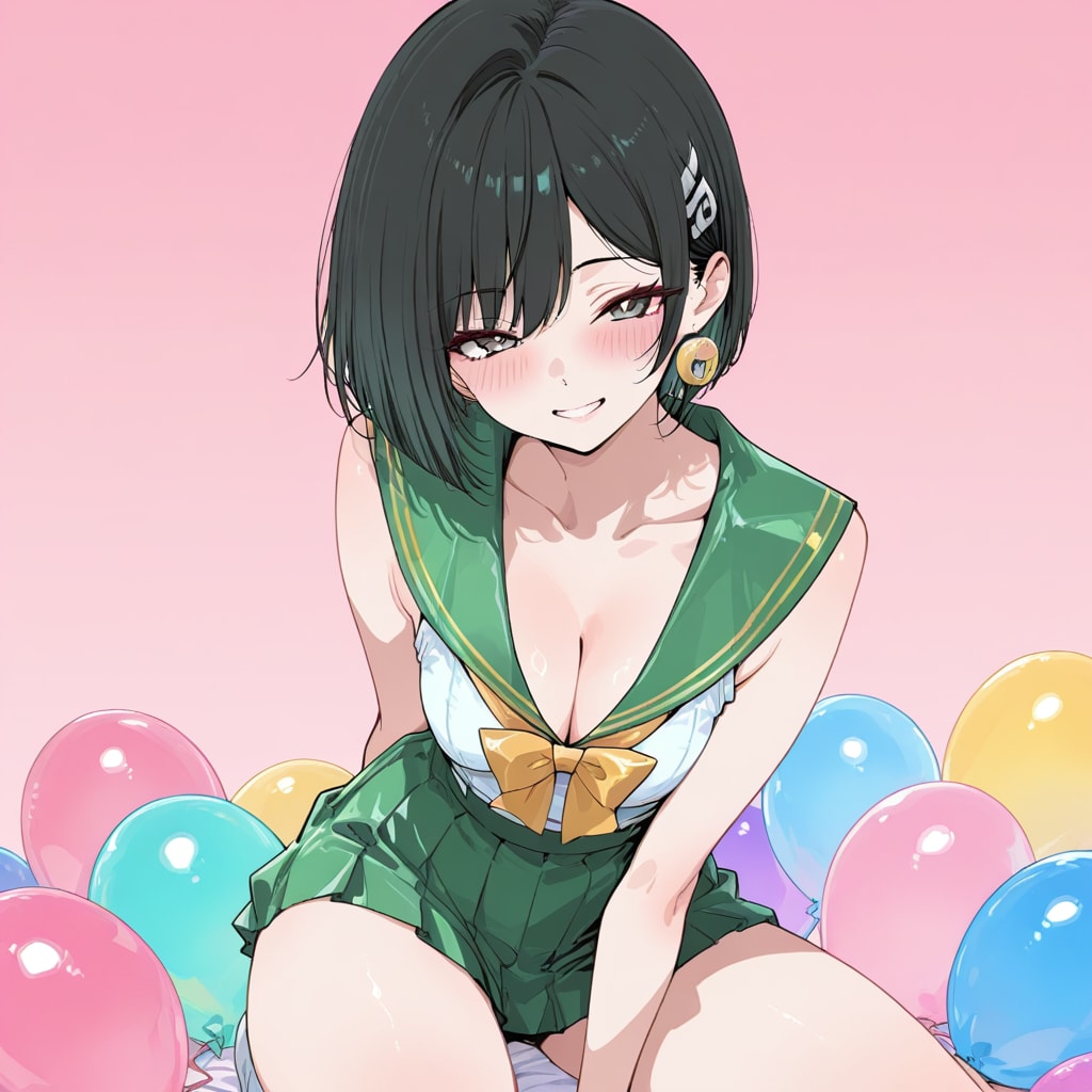 いっぱい色とりどりの風船を持つ黒髪ショートカットの緑色のセーラー服着た美少女