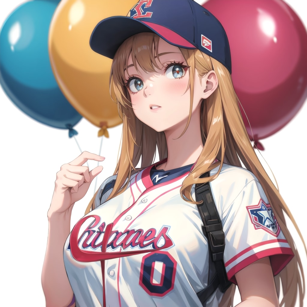 色とりどりの風船を持つ野球ユニフォーム着た美少女