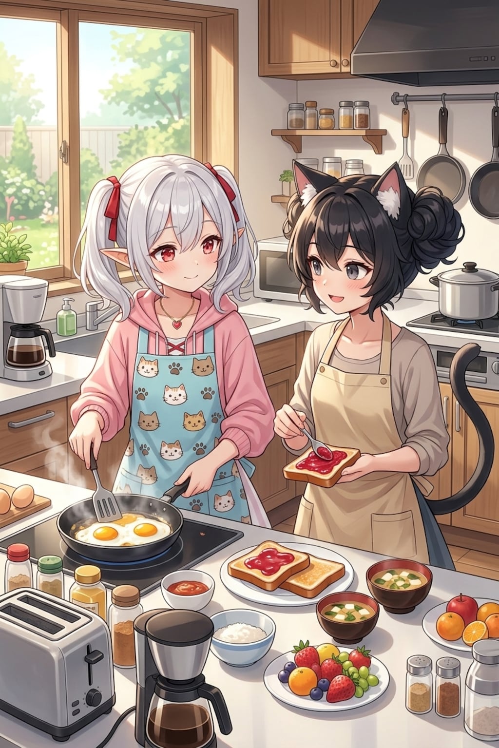 1、朝ご飯を作るシロネさん達