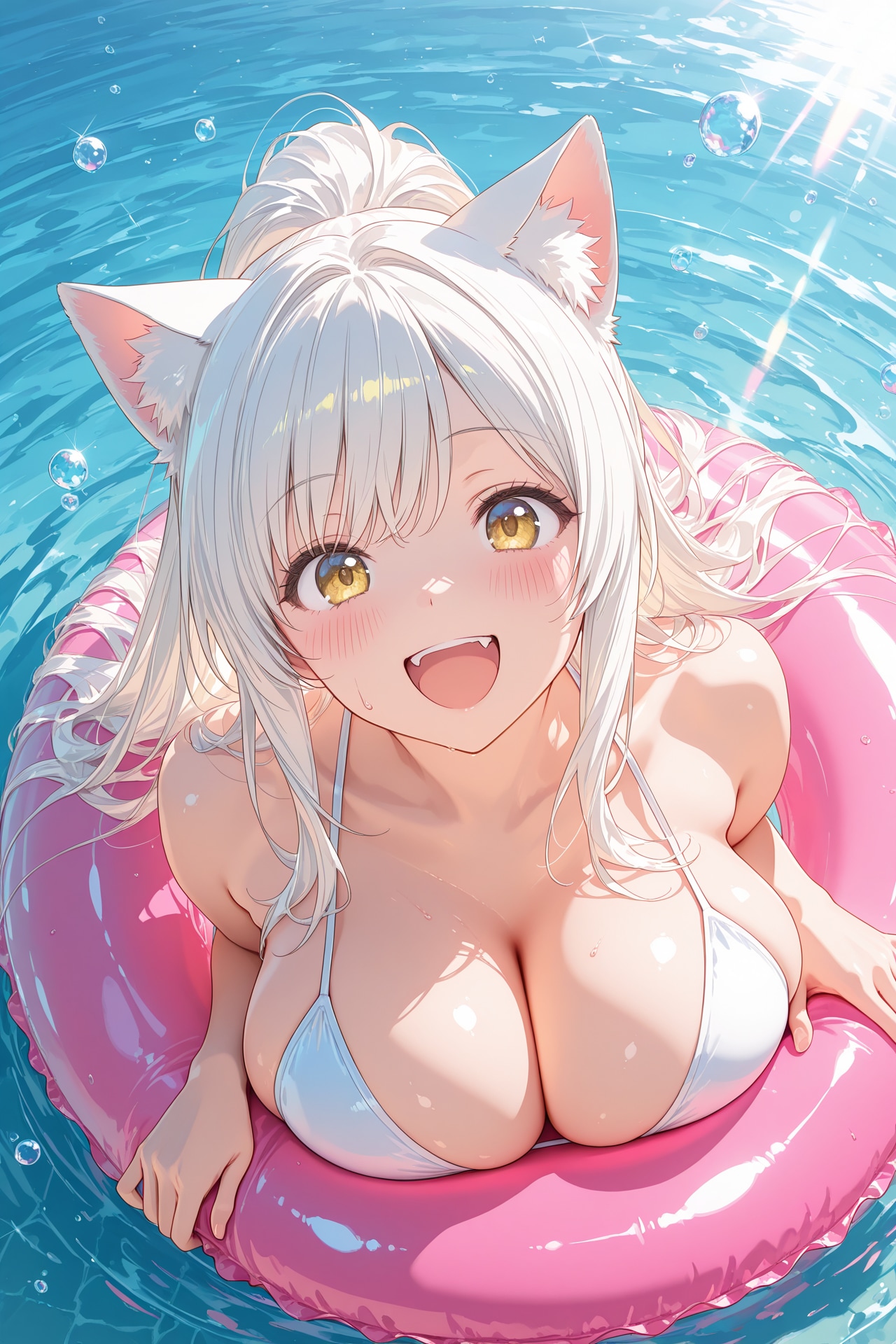 浮き輪と水着の白猫ちゃん